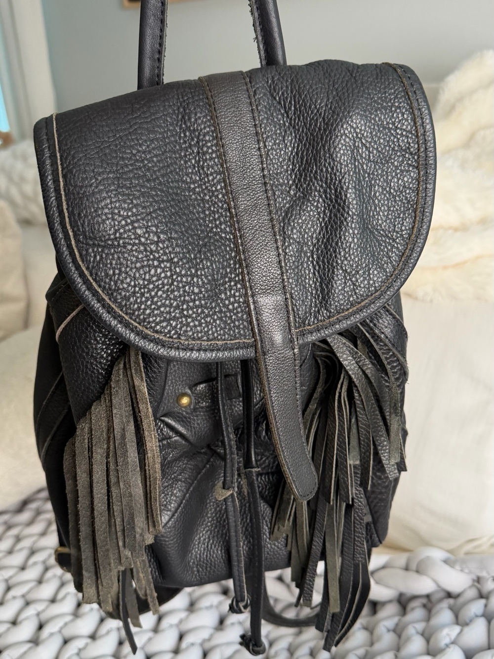Vintage Black Leather Fringe Backpack - Women